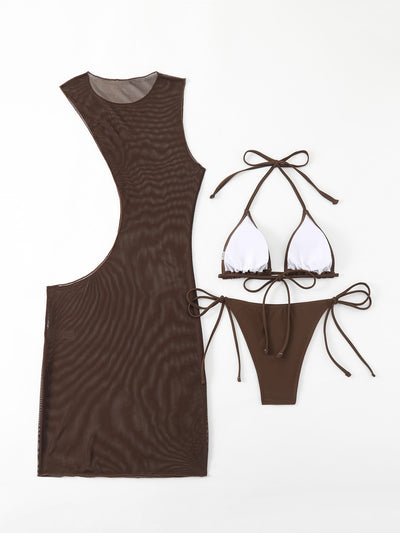 Woman in a brown three-piece split swimsuit bikini set with a sheer mesh cover-up dress and a wide-brim straw hat. - Image 13