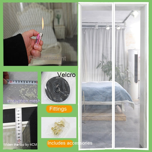 Black fiberglass mosquito-proof screen door mesh with magnetic closure, shown installed in a doorway and with close-ups of its features. - Image 6