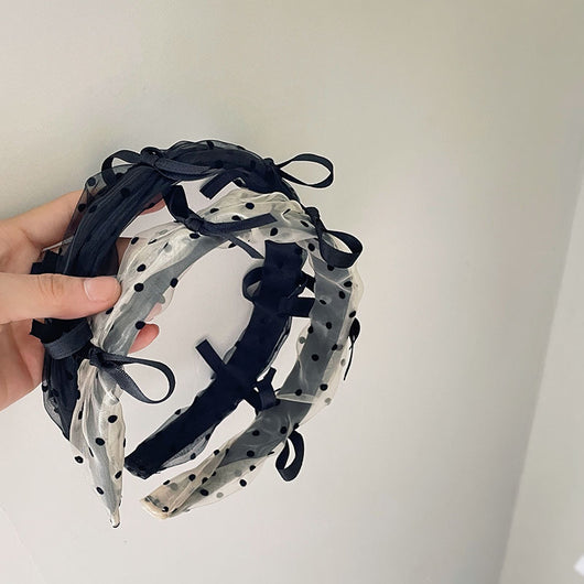 Diadema Retro de Gasa con Lunares, Lazo y Encaje para Mujer