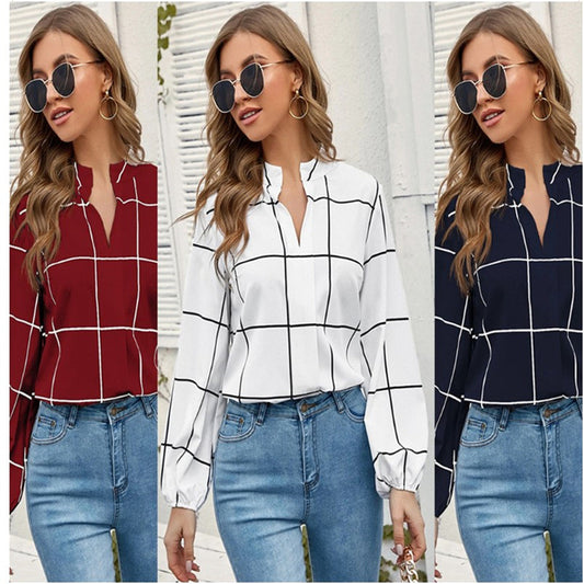 Camisa Mujer Cuello de Pie Manga Larga Estampado Cuadros
