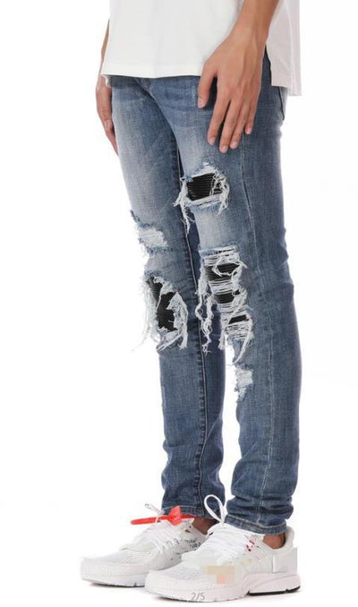 Pantalones Slim Azul y Negro con Roturas Elásticas para Rodillas - Image 9