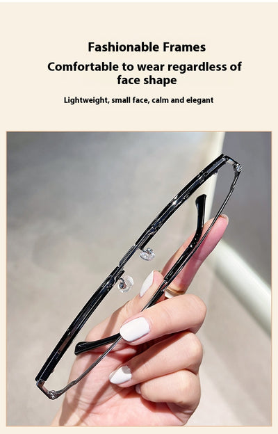 Anti-blue light glasses with a sand black and silver double beam frame, held against a white case. - Image 27