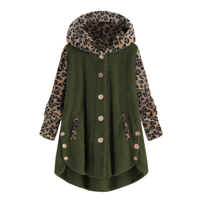 Abrigo Largo con Capucha y Empalme de Leopardo en Felpa para Mujer - Image 7