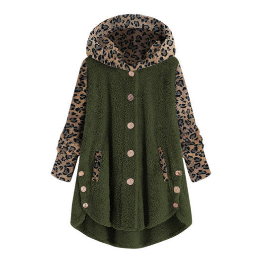 Abrigo Largo con Capucha y Empalme de Leopardo en Felpa para Mujer - Image 7