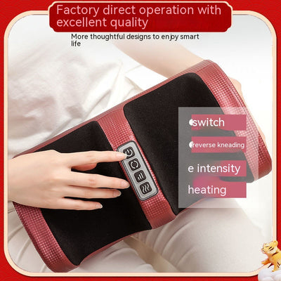 Person using a red and black electric foot massager with four control buttons for power, rotation, intensity, and heat. - Image 4