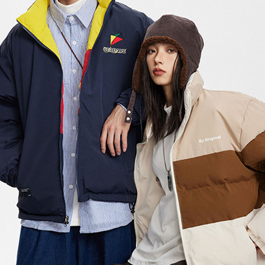 Chaqueta Acolchada Reversible para Parejas con Bordado de Cometa y Contraste de Colores