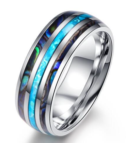 Anillo de Boda Tungsteno 8mm con Ópalo Sintético y Concha Abalone para Hombre y Mujer - Image 6