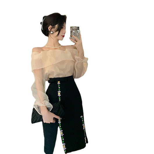Conjunto Elegante: Blusa Plisada de Manga Larga y Falda de Gasa - Image 10