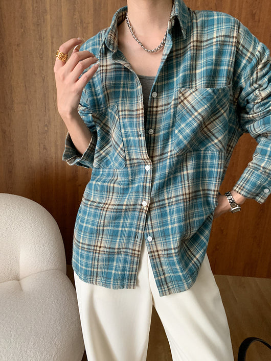 Camisa de Algodón Peinado Estilo Vintage a Cuadros Manga Larga - Image 17