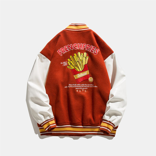 Chaqueta de Béisbol Holgada Unisex con Bordado de Papas Fritas - Image 5