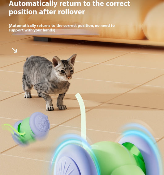Green and purple electric mouse car cat toy with a glowing tail on a woven mat, designed for interactive play. - Image 11