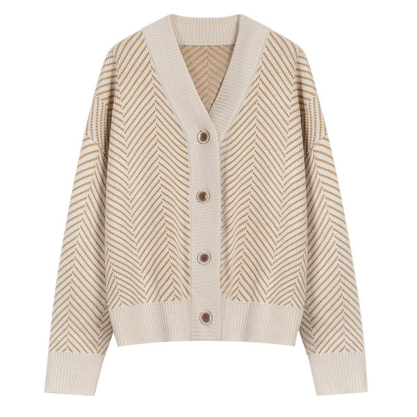 Cardigan de Punto Rombos Estilo Literario y Desenfadado con Escote en V