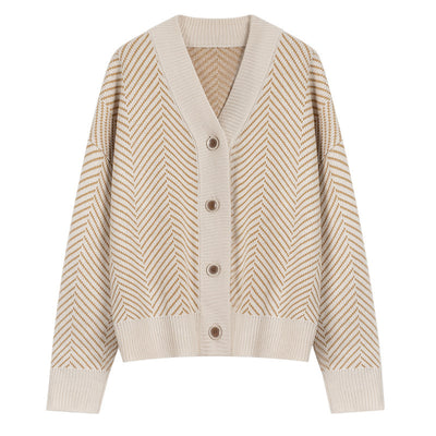Cardigan de Punto Rombos Estilo Literario y Desenfadado con Escote en V