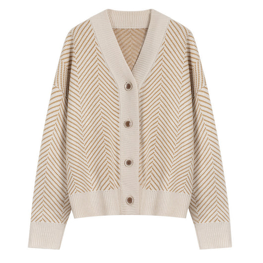 Cardigan de Punto Rombos Estilo Literario y Desenfadado con Escote en V