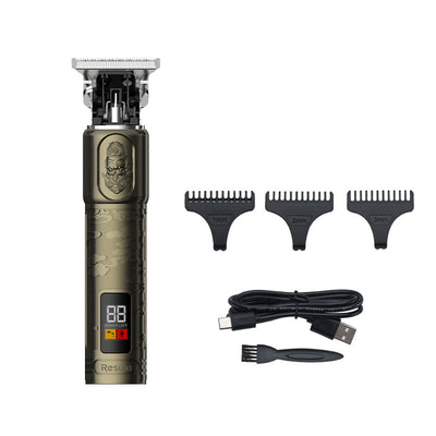 Gold electric hair clippers with an LCD display and engraved design, shown with 1mm, 2mm, 3mm guide combs, USB cable, and cleaning brush. - Image 4