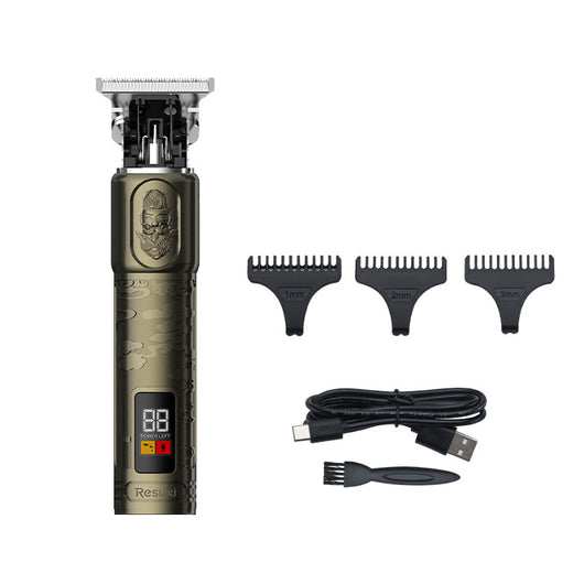 Gold electric hair clippers with an LCD display and engraved design, shown with 1mm, 2mm, 3mm guide combs, USB cable, and cleaning brush. - Image 4