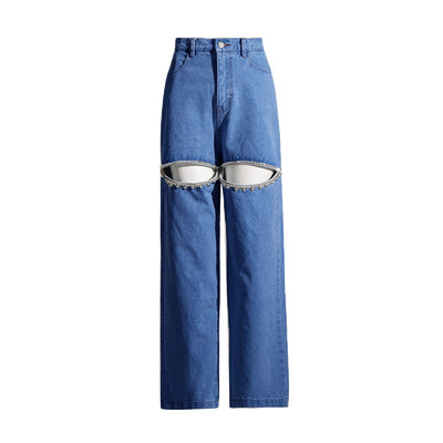 Jeans Anchos con Detalles de Diamantes para Mujer - Image 3