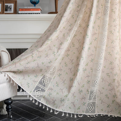 Beige crochet and plaid stitching short curtain with tassels, made from polyester cotton, hanging in a cozy room. - Image 7