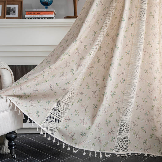 Beige crochet and plaid stitching short curtain with tassels, made from polyester cotton, hanging in a cozy room. - Image 7