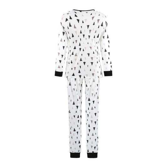 White long-sleeve pajama set with black and brown Christmas tree print, featuring black cuffs and collar. - Image 2