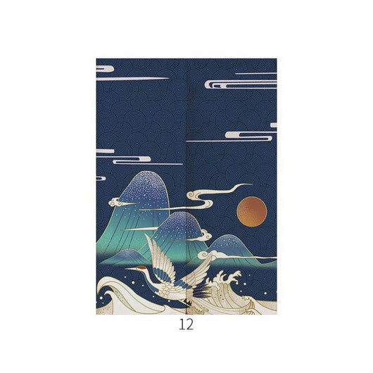 Japanese style noren door curtain with two red and blue Ukiyo-e koi fish on a cream wave pattern background. - Image 13