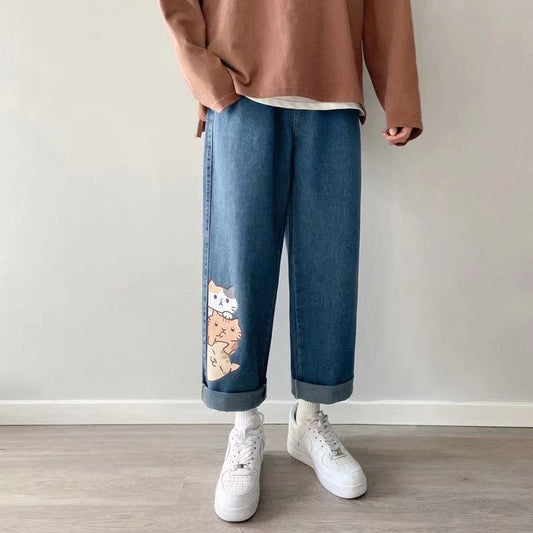 Jeans Rectos Sueltos para Hombre con Estampado Gatito