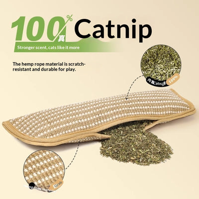 Beige and off-white woven catnip pillow toy, 34cm long and 9.5cm wide, with soft beige trim.