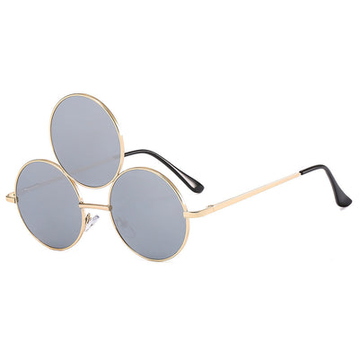 Red lens round sunglasses with a gold metal frame and an extra small round lens above the left eye. - Image 3
