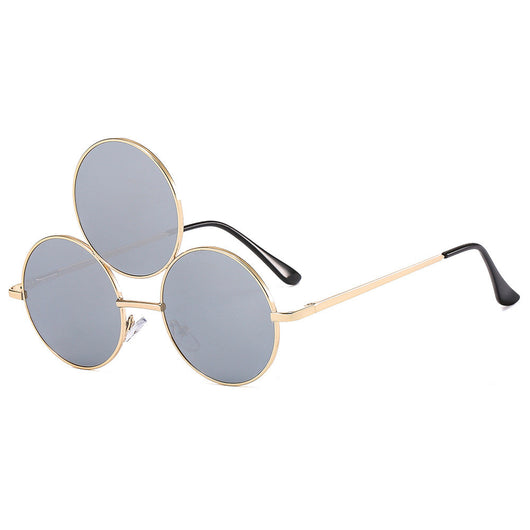 Red lens round sunglasses with a gold metal frame and an extra small round lens above the left eye. - Image 3