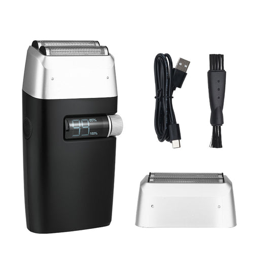 Silver electric shaver with a rose gold power button and LCD display showing '99', next to a replacement shaver head. - Image 2