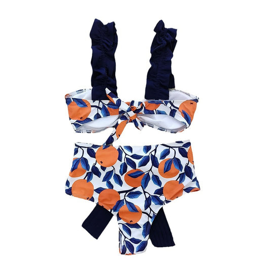 Women's high-waisted bikini swimsuit with orange and blue leaf print, ruffled navy blue straps, and a tie-front belt. - Image 5