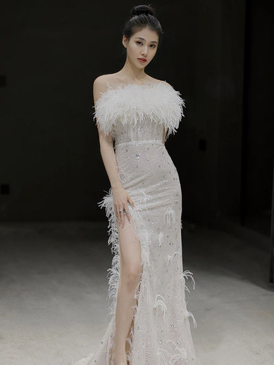 Vestido Fiesta Elegante sin Mangas con Plumas - Image 9