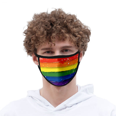 Rainbow camouflage face mask with horizontal stripes of red, orange, yellow, green, and blue, bordered by black fabric.