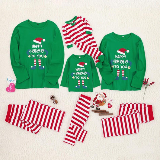 Matching green and red Christmas parent-child pajama set with 'Happy Hohoho To You' elf print tops and striped pants. - Image 20