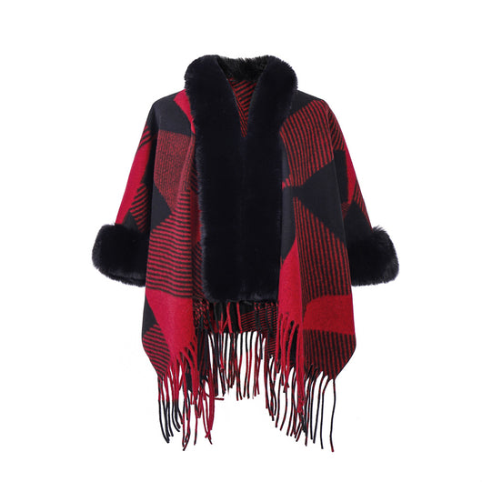Chal Navideño Rojo con Cuello de Peluche, Diseño Jacquard y Borlas Geométricas - Image 4