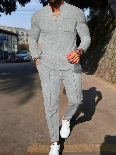 Conjunto Casual de Pantalón y Camiseta Henley Texturizada de Manga Larga para Hombre - Image 7