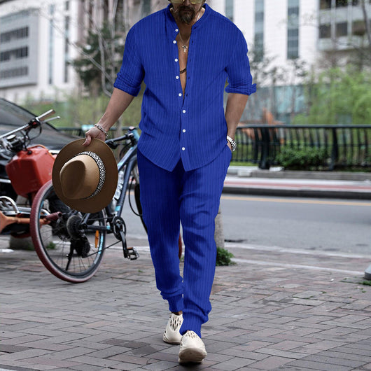 Pantalón y Camisa de Rayas con Cuello Hengli para Hombre - Image 8
