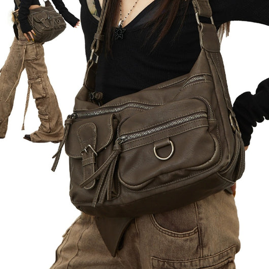 Bolso Moto Retro Hot Girl Marrón Multibolsillos - Image 13