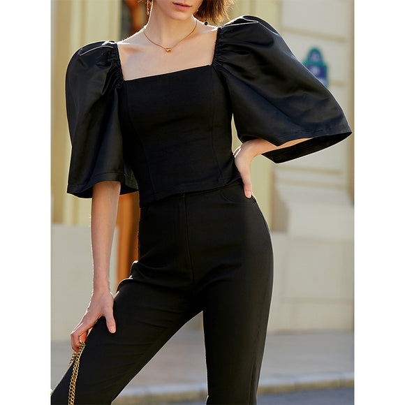 Blusa Elegante Retro con Cuello Cuadrado y Mangas Farol