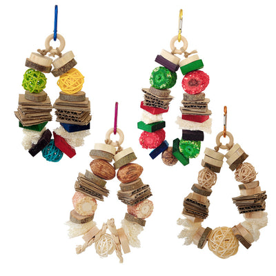 Natural wooden and rattan hanging pet chew toy with cardboard and loofah pieces for parrots, hamsters, or rabbits. - Image 3