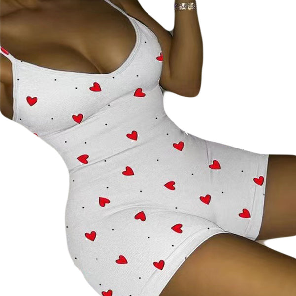 Jumpsuit Casual con Escote V y Estampado Corazón Durazno para Mujer