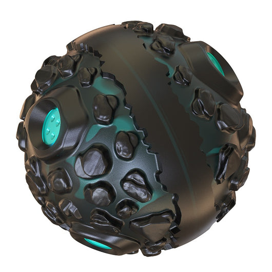 Black and yellow meteorite-shaped dog teether ball toy with textured surface and embedded yellow lights. - Image 3
