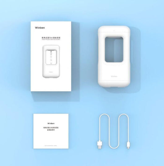 White anti-gravity water drop humidifier with visible mist output and 'Winben' brand name, on a white stand. - Image 7