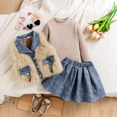 Conjunto de Tres Piezas Estilo Princesa: Suéter Tejido, Falda Denim y Accesorios - Image 7