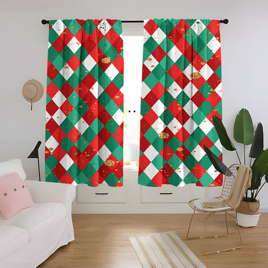 Christmas curtain with a snowy village scene, Santa Claus, flying reindeer, and piles of wrapped gifts. - Image 44