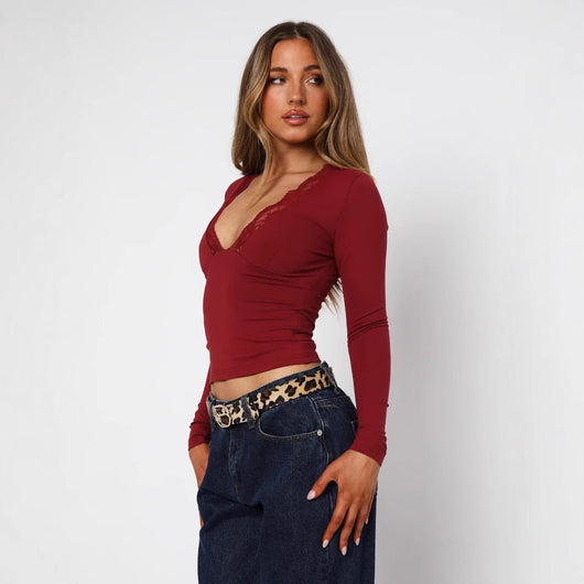Blusa Ajustada de Manga Larga con Encaje Floral - Image 3
