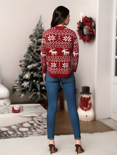 Women's black, red, and white Christmas sweater with reindeer and snowflake fair isle patterns, round neck, long sleeves. - Image 26