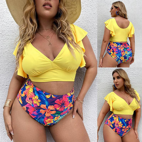 Bikini Dividido con Volantes Estampado y Cintura Alta para Mujer