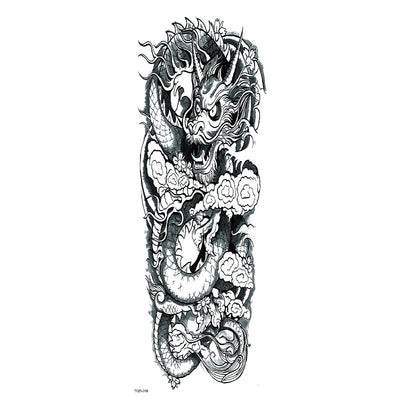 Full arm temporary tattoo sticker with a black, red, and light blue tribal design, featuring abstract shapes and patterns. - Image 24