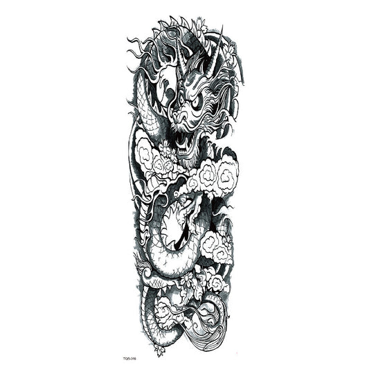 Full arm temporary tattoo sticker with a black, red, and light blue tribal design, featuring abstract shapes and patterns. - Image 24